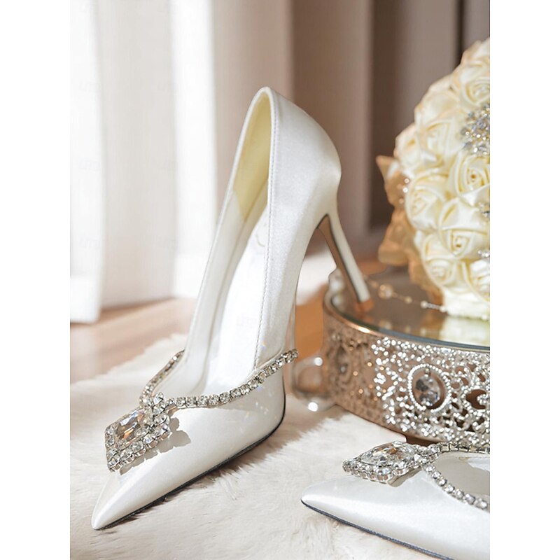 Women's White Satin Pointed Toe Wedding Heels with Crystal Rhinestone - Elegant High Heel Bridal Pumps for Bride Ceremony and Evening Reception2
