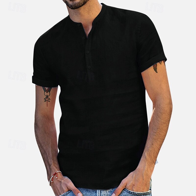 Men's Shirt Linen Shirt Band Collar Shirt Popover Shirt Summer Shirt Beach Wear Solid Color Vacation Casual Black White Sky Blue Gray Short Sleeves Shirt Collar Summer Spring Clothing Apparel3
