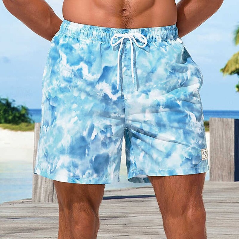 Men's Swim Shorts Board Shorts Swim Trunks Print Quick dry Breathable Drawstring Elastic Waist Vacation Beach Hawaiian Casual Blue