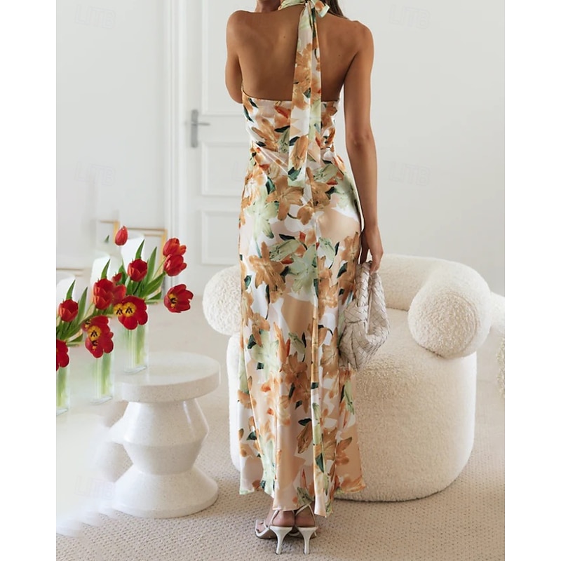 Women's Long Dress Maxi Dress Floral Dress Halter Neck Dress Fashion Modern Vacation Going out Weekend Regular Fit Flower Sleeveless Halter Neck Yellow Pink Green Summer4