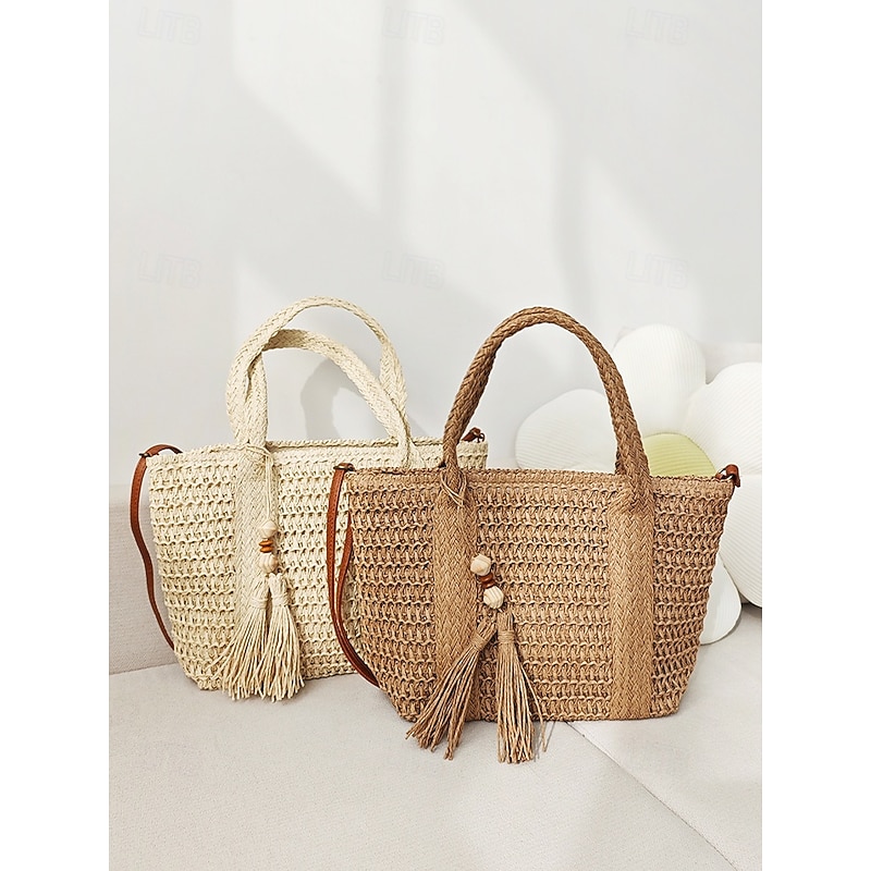Women's Bohemian Woven Tote Bag with Tassels and Wooden Beads - Comes with an adjustable shoulder strap, can be worn on one shoulder or crossbody, suitable for casual beach, vacation and outdoor use3