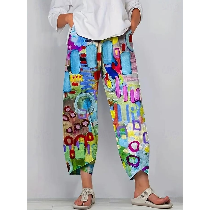 Women's Cotton Linen Pants Vacation Vintage Ethnic Style Full Length High Waist Drawstring Printing Vacation Street Causal Robin's Egg Blue Red Summer Spring Loose Fit4