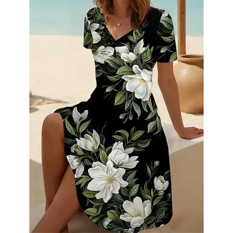 Women's Mini Dress T Shirt Dress Tee Dress Sundress A Line Dress Vacation Casual Beach Going out Beach Standard Fit Floral Graphic Short Sleeve V Neck Deep Green Red black Purple Summer