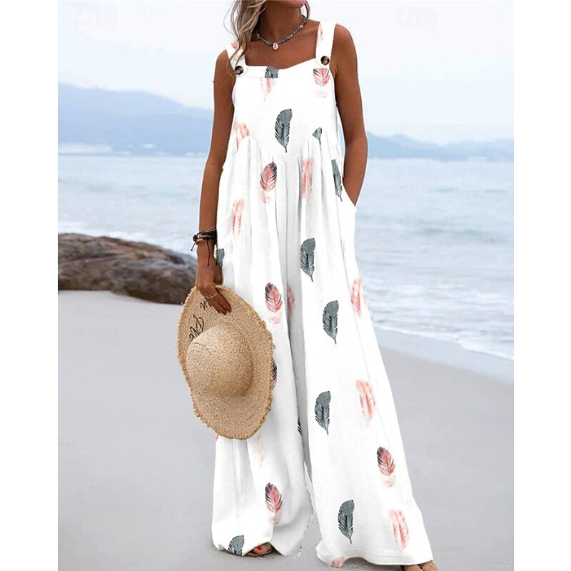 Women's Normal Jumpsuit Dungarees Streetwear Floral Sleeveless U Neck Pocket Print Daily Going out Regular Fit Pink Brown Beige Summer4