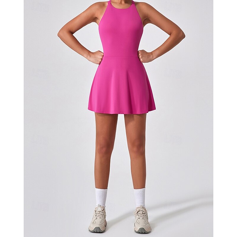 Women's Solid Colored Tennis Dress with Built in Shorts and Bra Sports Dress Sleeveless Ruched Breathable Tennis Pickleball Round Dress Black Dark Navy Brown Tennis Clothing4