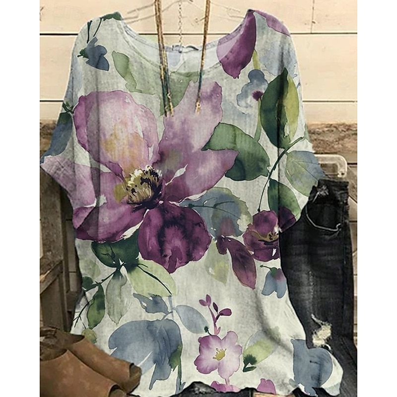 Women's Shirt T Shirt Tee Top Flowers Elegant Fashion Modern Short Sleeve Crew Neck Regular Tops Daily Weekend Print White Yellow Light Green Purple Green Summer4