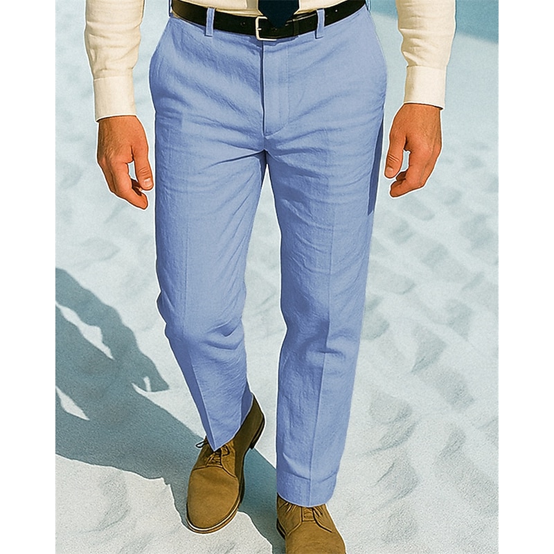 Men's Dress Pants Linen Pants Trousers Chinos Buttons Pocket Plain Comfort Formal Party Work Fashion Classic Style White Khaki Micro-elastic3