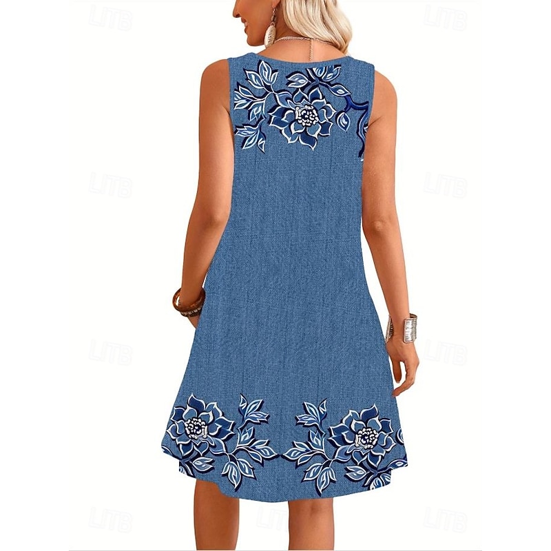 Women's Mini Dress Sundress A Line Dress Summer Dress Vacation Casual Daily Regular Fit Graphic Plain Sleeveless U Neck Blue Dark Blue Summer2