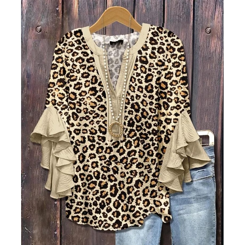 American Women's Blouse Graphic Leopard Bohemia Vintage Daily 3/4 Length Sleeve Flutter Sleeve V Neck Regular Tops Daily Holiday Vacation Wear Ruffle Print Yellow Light Green Pink3
