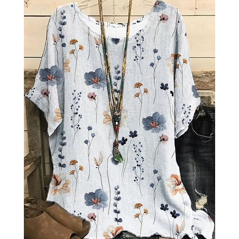 Women's Shirt T Shirt Tee Top Flowers Elegant Fashion Modern Short Sleeve Crew Neck Regular Tops Daily Weekend Print White Yellow Light Green Purple Green Summer3
