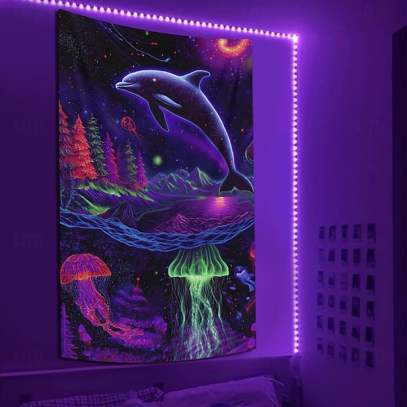 Blacklight Tapestry Glow in the Dark Glow Party UV Reactive Animal Ocean Dophin Trippy Misty Mushroom Nature Landscape Hanging Tapestry Wall Art Mural for Living Room Bedroom3