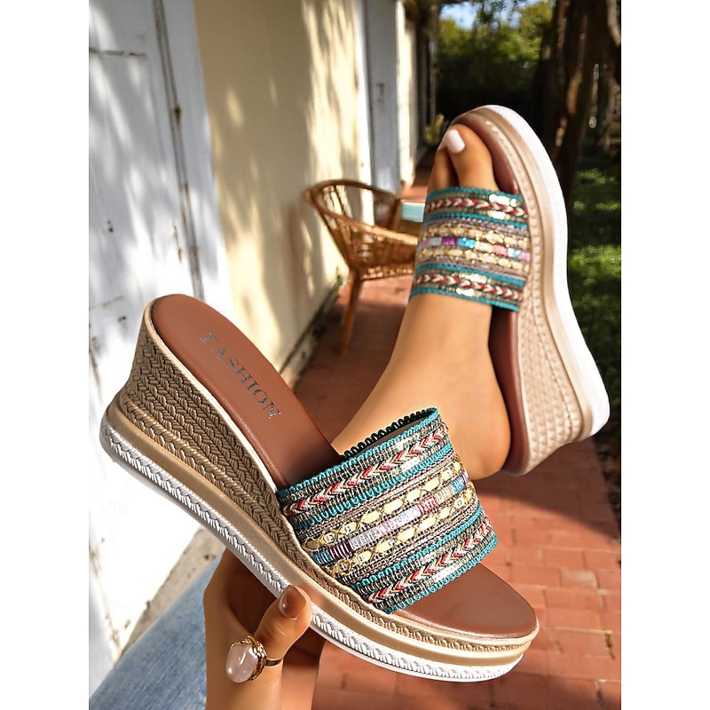 Women's Bohemian Beaded Platform Slide Sandals with Embroidered Tribal Straps, Cushioned Footbed, Non-Slip Sole, for Adults' Summer Vacation, Daily Outings, Beach Walks, and Boho Resort Styling