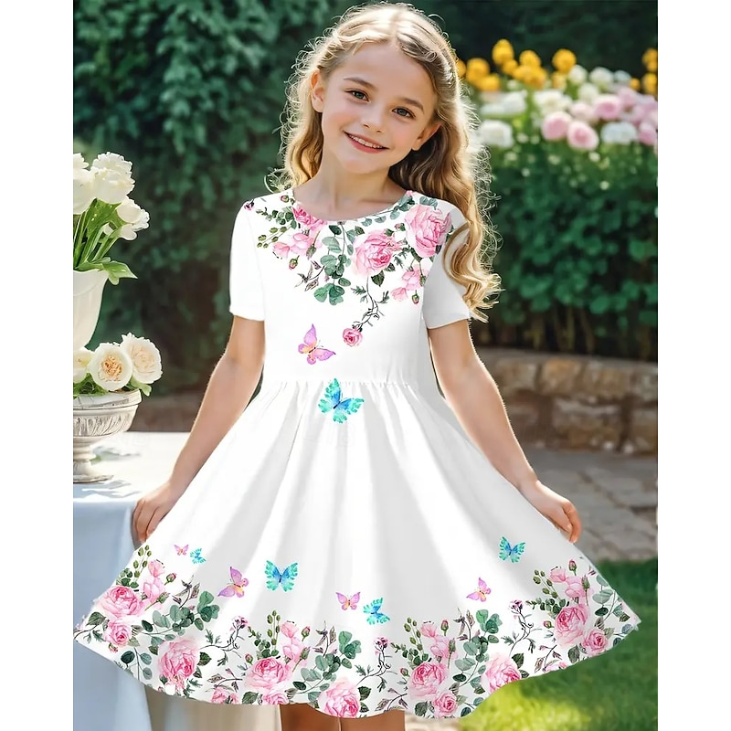 Girls' 3D Butterfly Flower Dress Short Sleeve Summer Spring Vacation Daily Holiday Princess Beautiful Sweet Kids 4-12 Years Casual Dress A Line Dress Knee-length Regular Fit