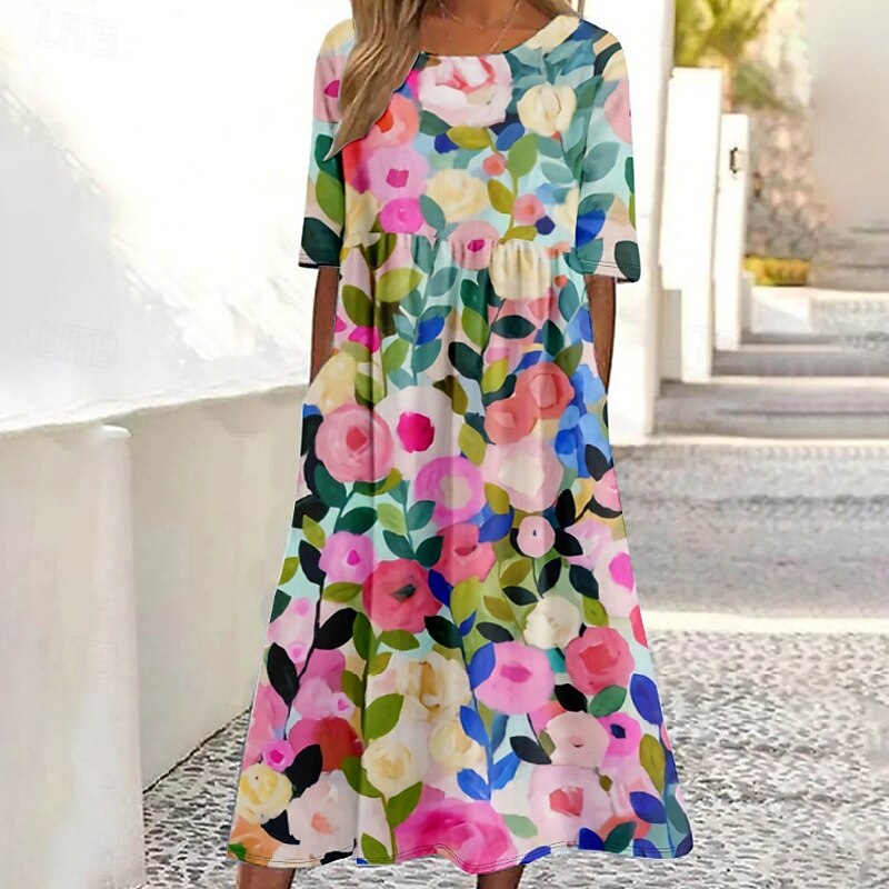 Women's Midi Dress Floral Dress Print Dress Classic Modern Outdoor Daily Holiday Regular Fit Flower Short Sleeve Crew Neck Pink Red Blue Fall