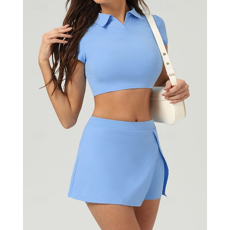 Women's Solid Colored Sports Set Tennis Set Tennis Skirts with Shorts Tennis Top Short Sleeve Split UPF50+ Breathable Tennis Pickleball Polo Collar Dark Navy Blue Khaki Spandex Tennis Clothing4