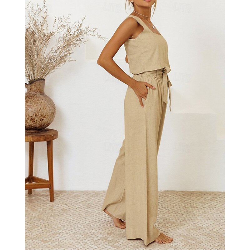 Women's Active Fashion Blouse Pants Sets Sleeveless U Neck Solid Color Drawstring Holiday Going out White Purple Khaki Summer Regular Fit2