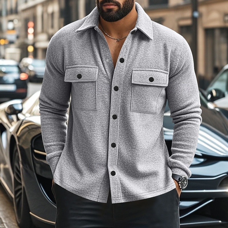 Men's Shirt Jacket Transition Jacket Daily Lightweight Pocket Summer Spring Plain Casual Lapel Light Grey Army Green Jacket