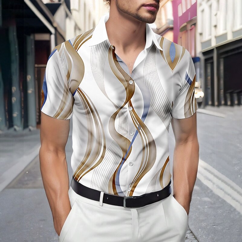 Men's Geometric Gradient Waves Shirt Summer Shirt Button Up Shirt Short Sleeve Fashion Casual Outdoor Vacation Dailywear Summer Spring Turndown 3D Print Collared Shirts Blue Purple Brown3