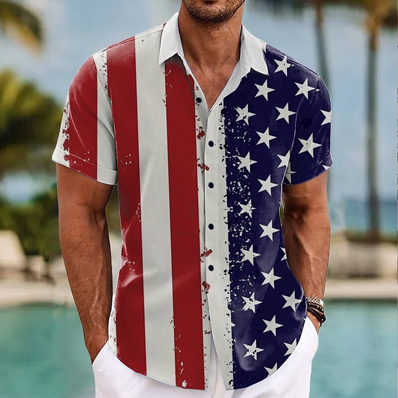 Independence Day Men's American US Flag Patriotic Fourth of July Shirt Summer Shirt Button Up Shirt Short Sleeve Fashion Casual Holiday Summer Spring Turndown 3D Print Collared Shirts Dark Blue Gray2