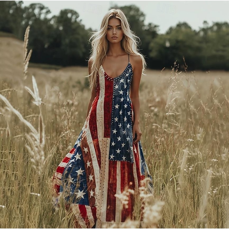 Women's Patriotic  Maxi Dress Sundress A Line Dress Slip Dress Vacation Casual Going out Beach Regular Fit Graphic Stars and Stripes National Flag Sleeveless V Neck