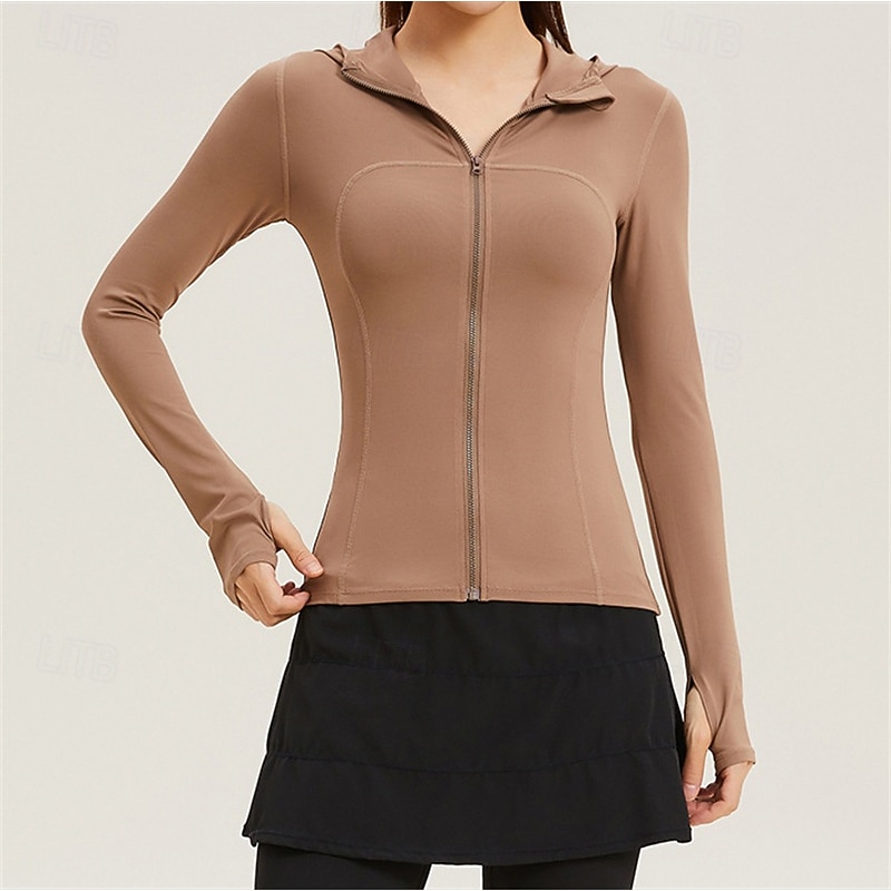 Women's Solid Colored Tennis Sports Jacket Sport Jacket Long Sleeve Zipper High Elasticity Breathable Tennis Golf Pickleball Hooded White Brown Tennis Clothing