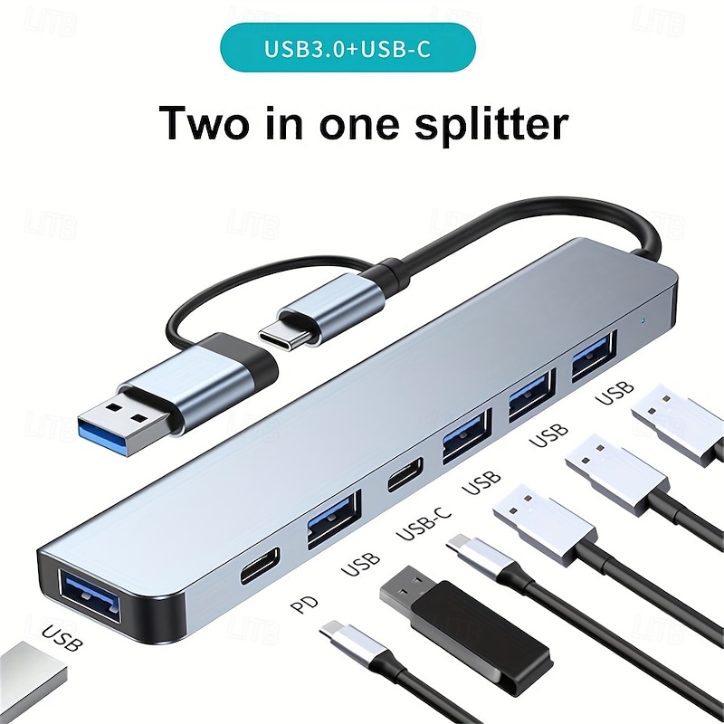 7-in-1 Multiport Adapter USB C + USB 3.0 Hub Splitter with Type-C PD, 5 USB Ports, OTG Compatible, for MacBook, PC, Tablet, PS4