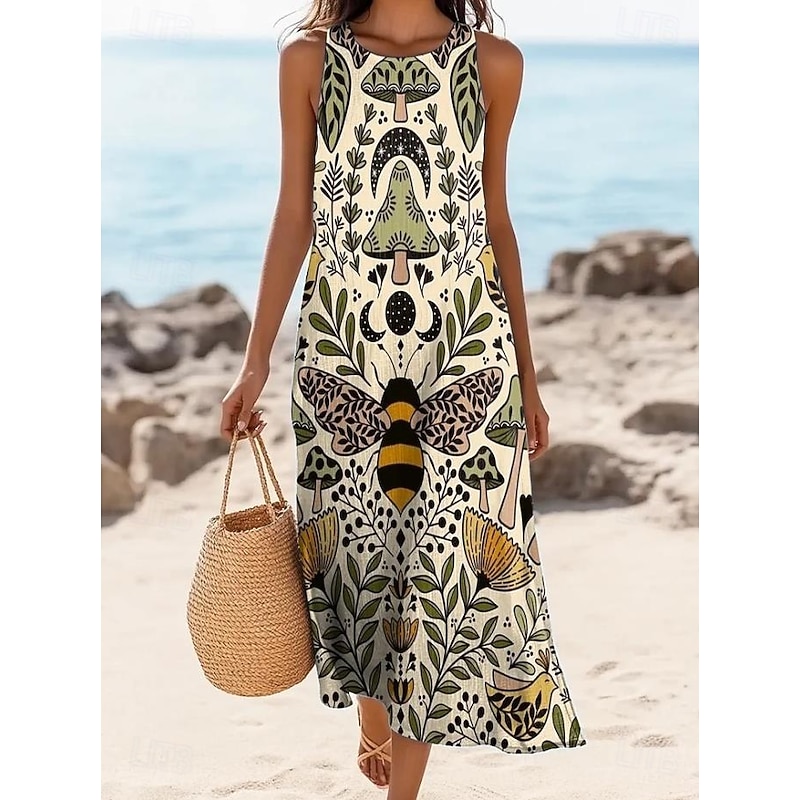 Women's Maxi Dress A Line Dress Off The Shoulder Dress Vacation Casual Boho Going out Standard Fit Floral Graphic Sleeveless U Neck Light Yellow Blue Summer Spring2