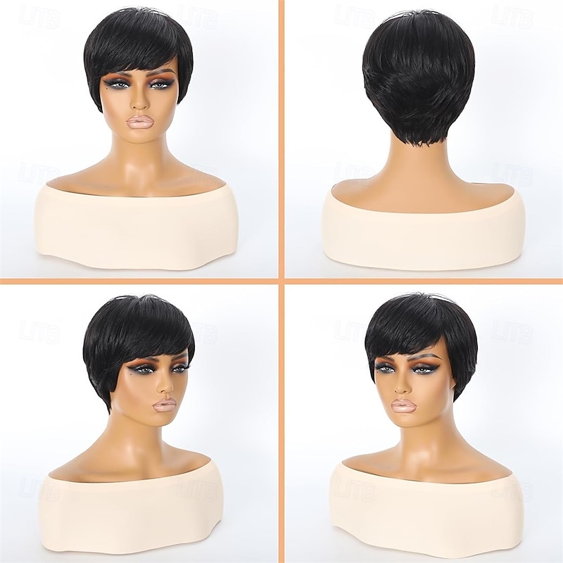Pixie Cut Wigs for Black Women Short Synthetic Wig with Bangs Short Layered Pixie Wig Natural Black Color3