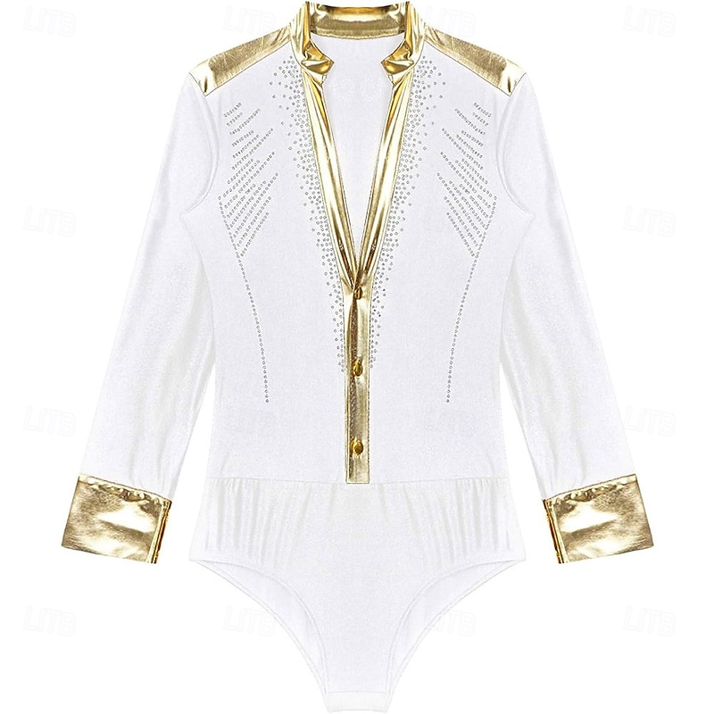 Men Shiny Rhinestones V Neck Long Sleeves Latin Dance Shirt Figure Skating Dance Leotard Bodysuit Costume4