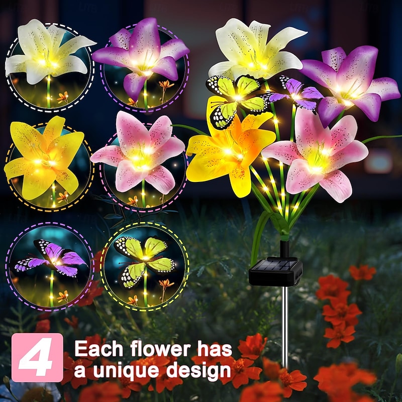 1 Pc Outdoor Flower Lights Pathway Solar Lily Butterfly Field Plug in Light Courtyard Garden Lawn Path Decorative Light Landscape Light Mother's Day Gift4
