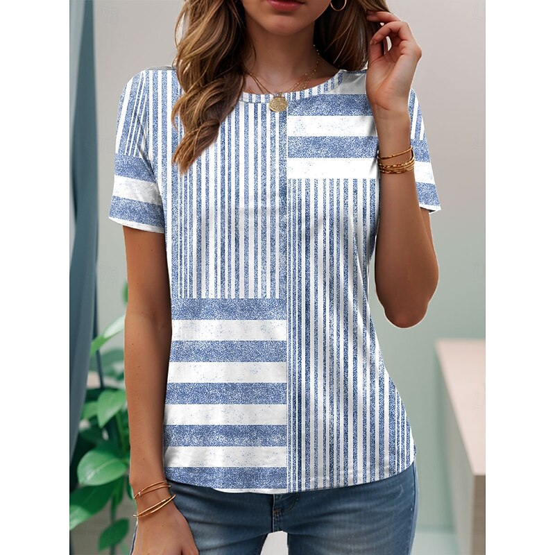 Women's T Shirt Graphic Striped Vintage Stylish Classic Short Sleeve Crew Neck Regular Tops Daily Weekend Print Pink Blue Purple Gray Summer Spring3
