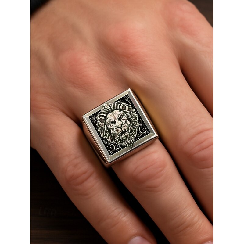 Men's statement lion head ring with pull-out detail and square design, Fashion statement jewelry for casual and formal occasions2