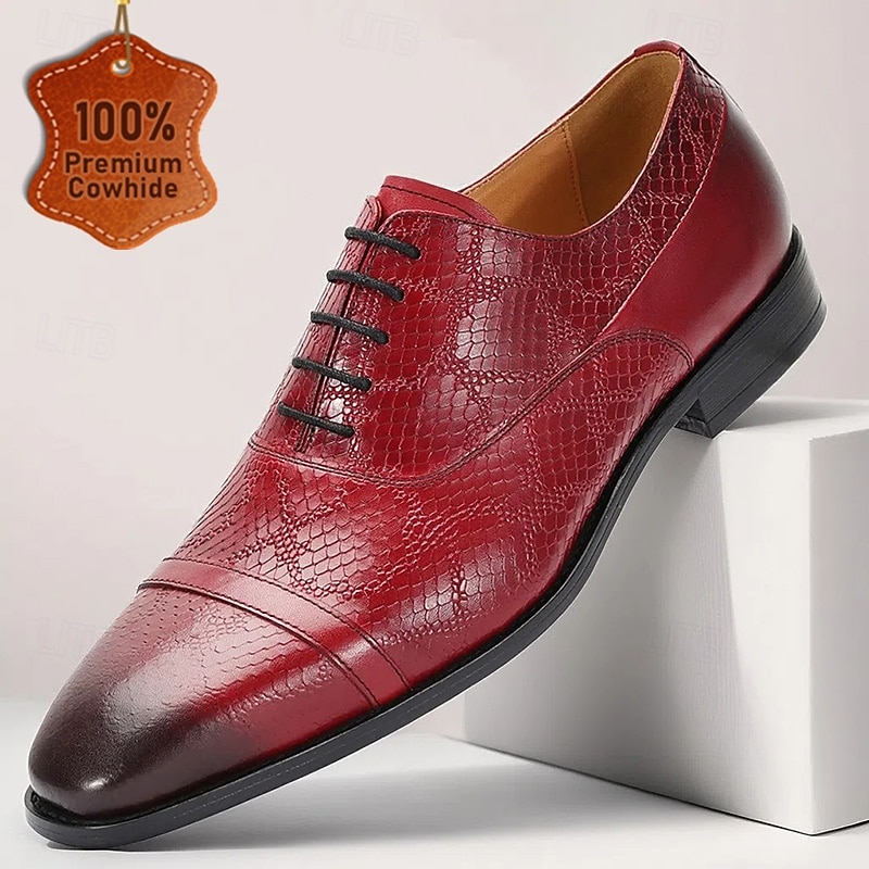 Men's Premium Red Crocodile Leather Lace-Up Shoes with Elegant Detailing for Business and Formal Evening Events