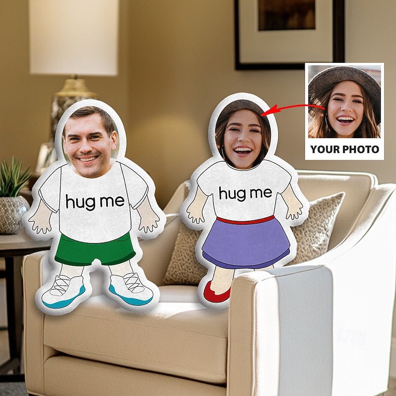 Custom Face Photo Pillow Couple Personalized Gift Toy Plush Doll Link with a Line Ideal Gift for Her Him Hug Me2