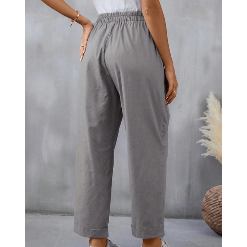 Women's Cotton Linen Pants Slacks Fashion Streetwear Full Length Natural Plain Pocket Elastic Waist Comfy Comfortable Going out Weekend Camel Black Pink Blue Summer Regular Fit4