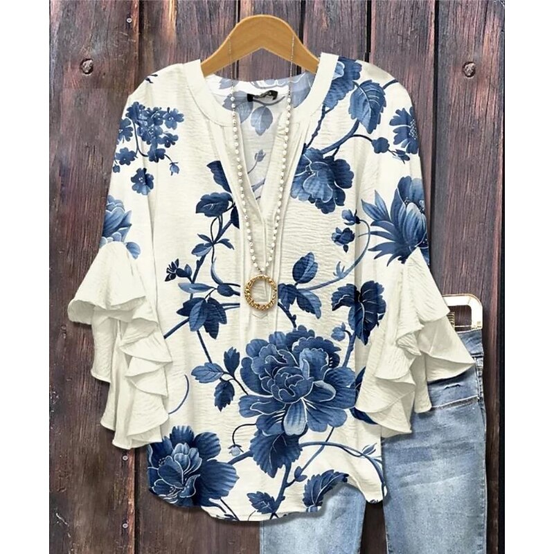 Women's Retro Blouse Layered Ruffle Sleeve Tops Vintage Floral Graphic Bohemia Vintage Daily 3/4 Length Sleeve Regular Tops Daily Holiday Vacation Wear Print Denim Blue Blue Light Blue4
