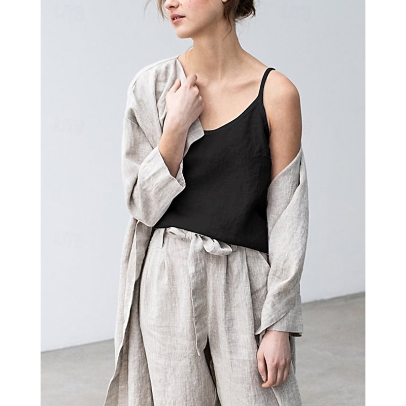 Women's Cotton Linen Vest Blouse Camisole Tank Top Plain Modern Casual Sleeveless V Neck Regular Tops Daily Going out Black White Purple Summer4