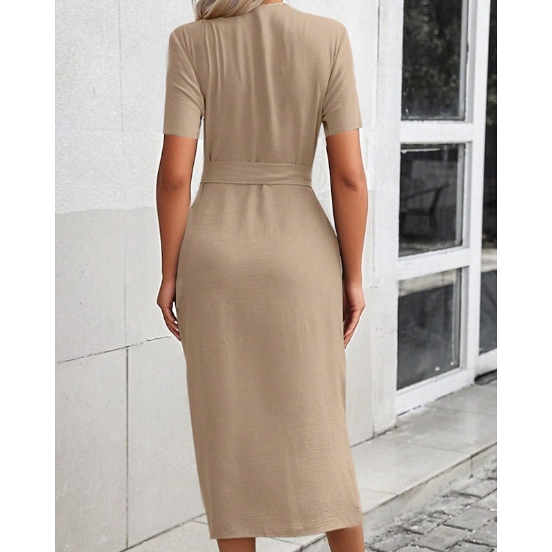 Women's Midi Dress Shirt Dress Fashion Modern Vacation Going out Weekend Regular Fit Plain Short Sleeve Shirt Collar Black Pink Blue Khaki Summer2