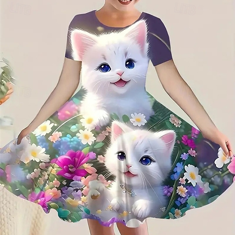 Girls' 3D Animal Cat Dress Short Sleeve Summer Spring Vacation Daily Holiday Princess Beautiful Sweet Kids 4-12 Years Casual Dress Knee-length Regular Fit