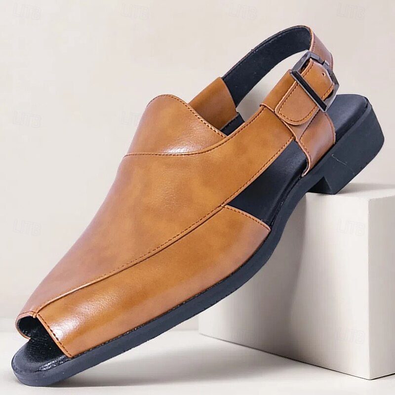 Men's Tan Faux Leather Slingback Loafers - Fashionable Open-Toe Shoes for Warm Weather and Casual Evenings