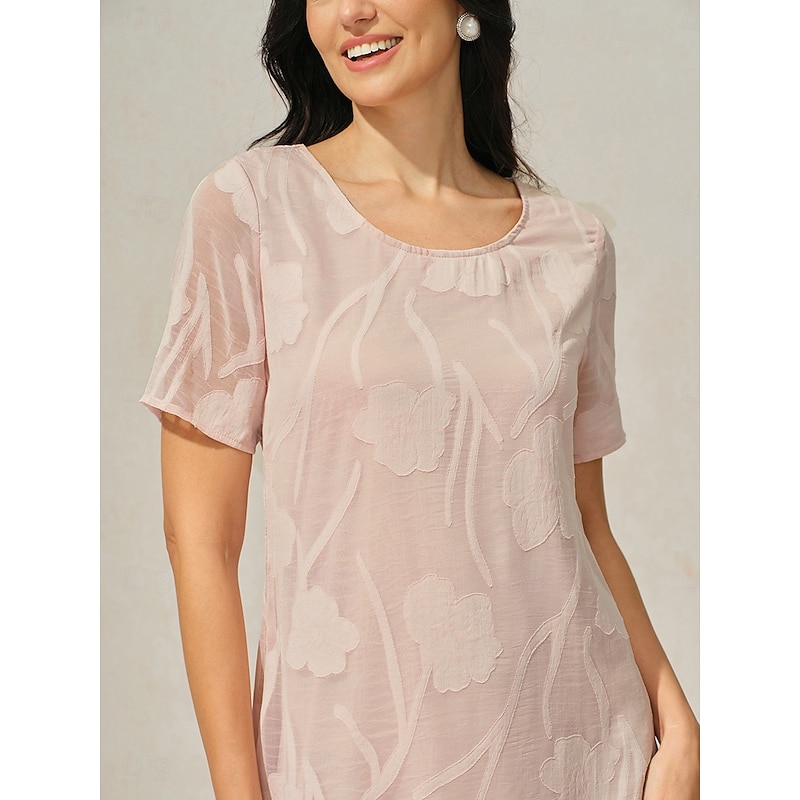 Women's Knee Length Dress Chiffon Dress Elegant Casual Loose Fit Floral Short Sleeve Crew Neck Pink Summer2