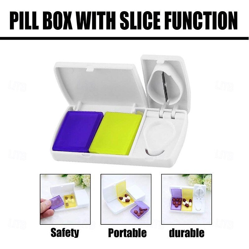 Tablet Cutter and Pill Organizer, 2 in 1 Medicine Splitter with Storage Box, ABS PP Plastic, Yellow and Purple, Portable Tablet Divider2