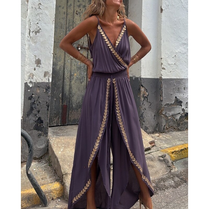 Women's Normal Jumpsuit Streetwear Color Block Sleeveless V Neck Patchwork Street Daily Regular Fit Purple Summer