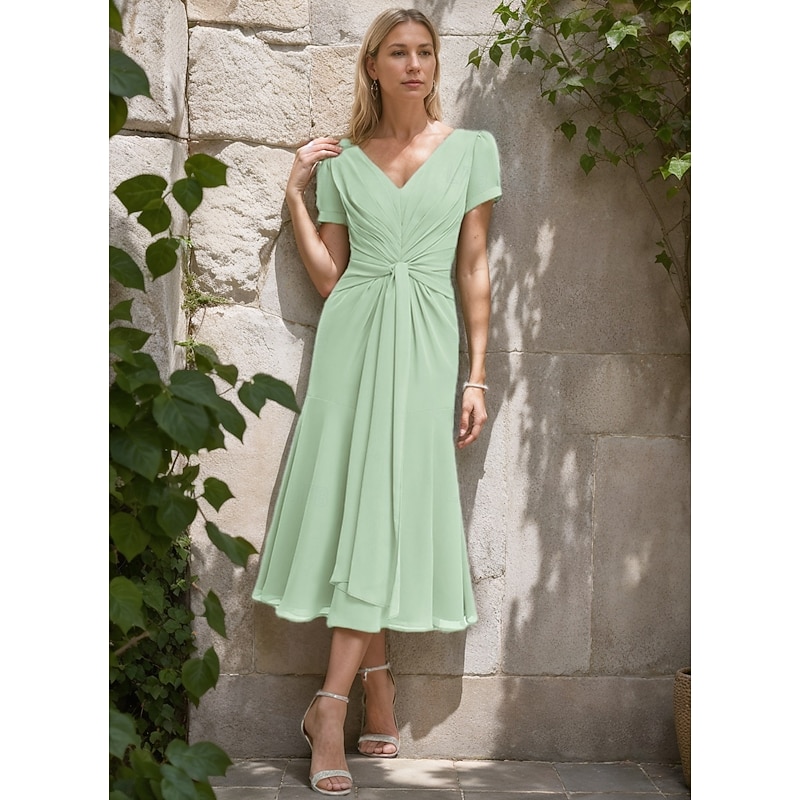 A-Line Mother of the Bride Dress Formal Wedding Guest Elegant Simple Minimalist V Neck Tea Length Chiffon Short Sleeve with Pleats Ruched