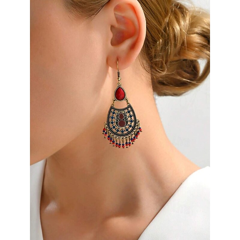 Women's Bohemian Teardrop Dangle Earrings – Vintage Tribal Style with Beaded Fringe, Lightweight Statement Jewelry for Parties and Festivals3