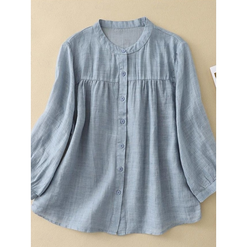 Women's Cotton Linen Shirts Solid Color Basic Casual Long Sleeve High Neck Regular Tops Daily Buttons Blue Purple Orange Khaki Gray Summer4