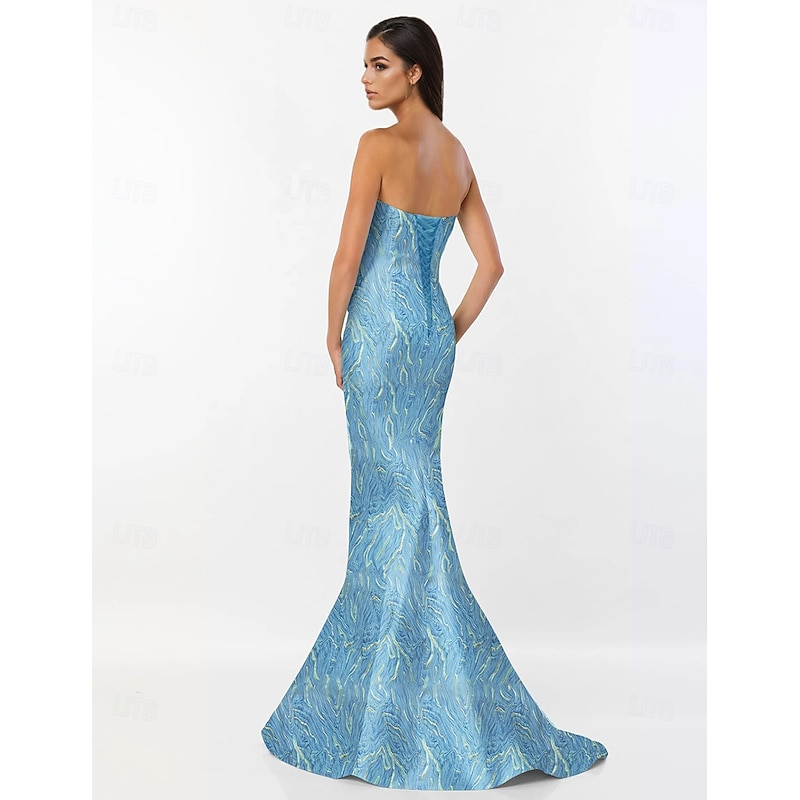 Cape Dress Jacquard Peplum Dress Marble Mermaid / Trumpet Evening Gown Elegant Dress Formal Semi Formal Black Tie Wedding Floor Length Sleeveless Strapless with Ruffles4