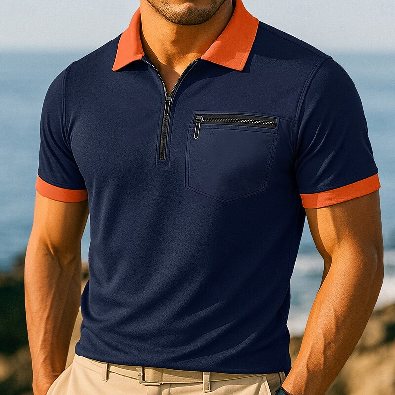 Men's Zip Polo Golf Shirt Vacation Casual Lapel Quarter Zip Short Sleeve Fashion Modern Solid Color Zipper Summer Spring All Seasons Regular Fit White Burgundy Navy Blue Zip Polo2