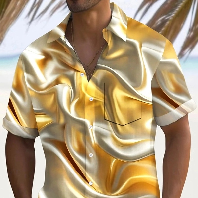 Men's Geometric Waves Marble Shirt Summer Shirt Button Up Shirt Short Sleeve Fashion Casual Outdoor Vacation Dailywear Summer Spring Turndown 3D Print Collared Shirts Front One Pocket Yellow2