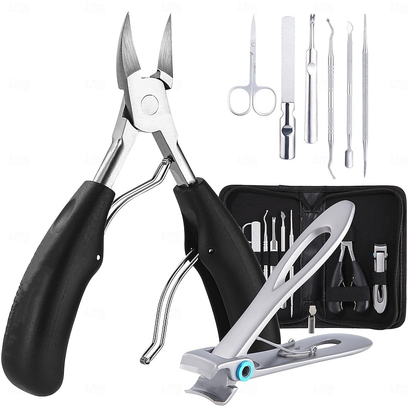 9pcs/set Toenail Clippers Set for Seniors with Thick Nails, Heavy Duty Ingrown Toenail Tools Kit, Large Nail Nippers with Long Handle, Stainless Steel Pedicure Kit for Home Use